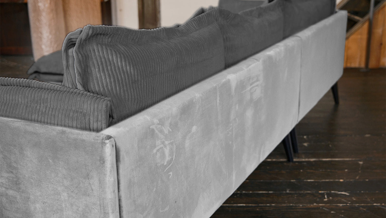 KAWOLA Sofa QUENYA Ecksofa Cord dunkelgrau / Velvet silber