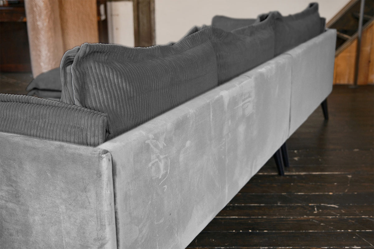 KAWOLA Sofa QUENYA Ecksofa Cord dunkelgrau / Velvet silber