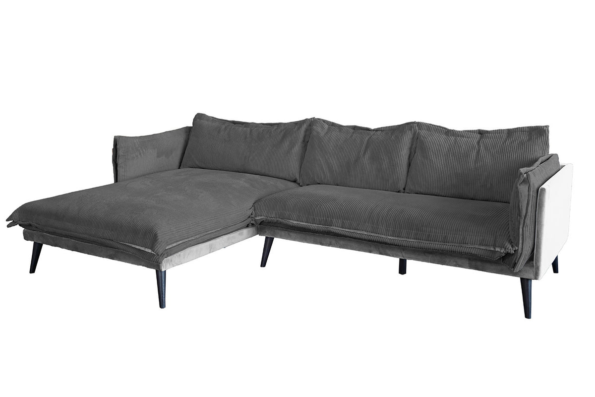KAWOLA Sofa QUENYA Ecksofa Cord dunkelgrau / Velvet silber