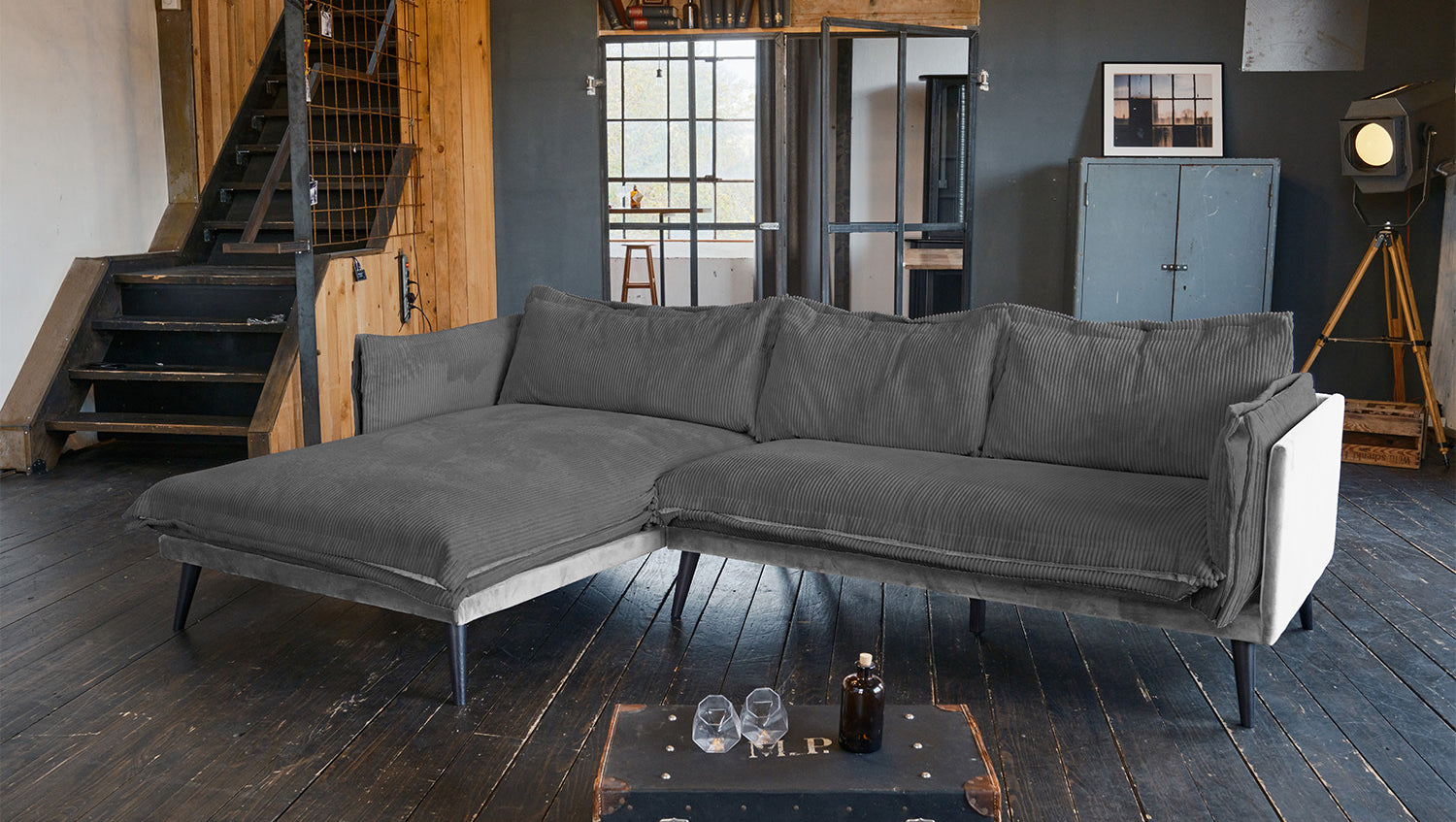 KAWOLA Sofa QUENYA Ecksofa Cord dunkelgrau / Velvet silber, Ganz links