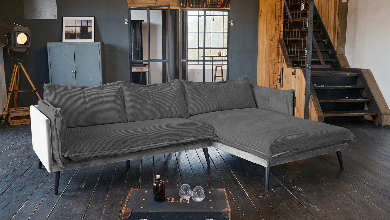 KAWOLA Sofa QUENYA Ecksofa Cord dunkelgrau / Velvet silber, Ganz rechts