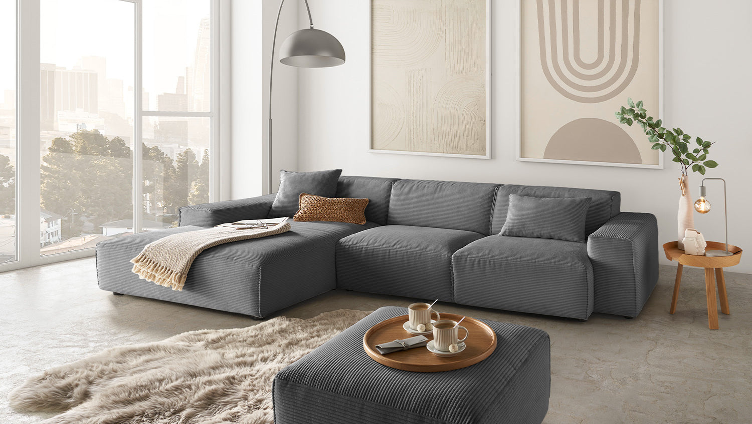KAWOLA Sofa RANI Ecksofa Cord grau, Links