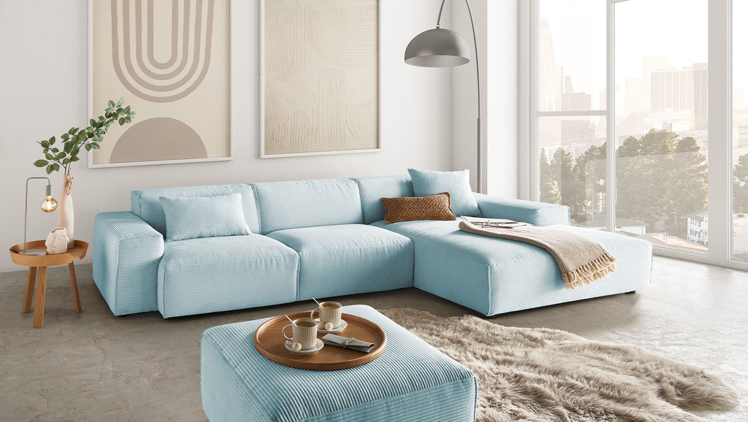 KAWOLA Sofa RANI Ecksofa Cord hellblau, Rechts