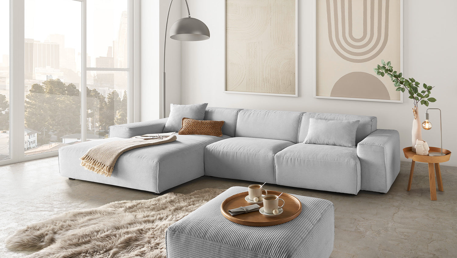KAWOLA Sofa RANI Ecksofa Cord hellgrau, Links