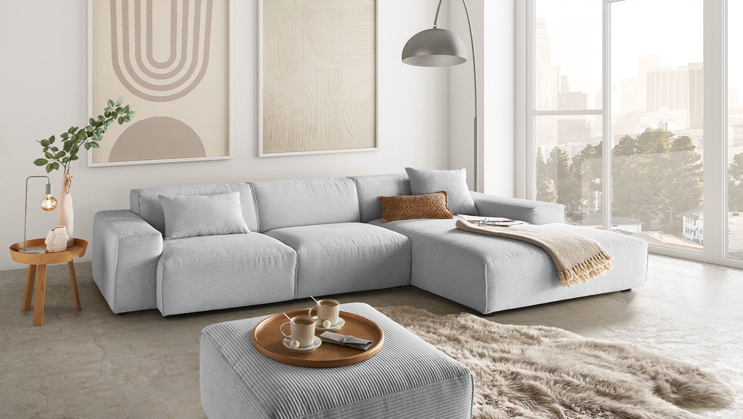 KAWOLA Sofa RANI Ecksofa Cord hellgrau, Rechts
