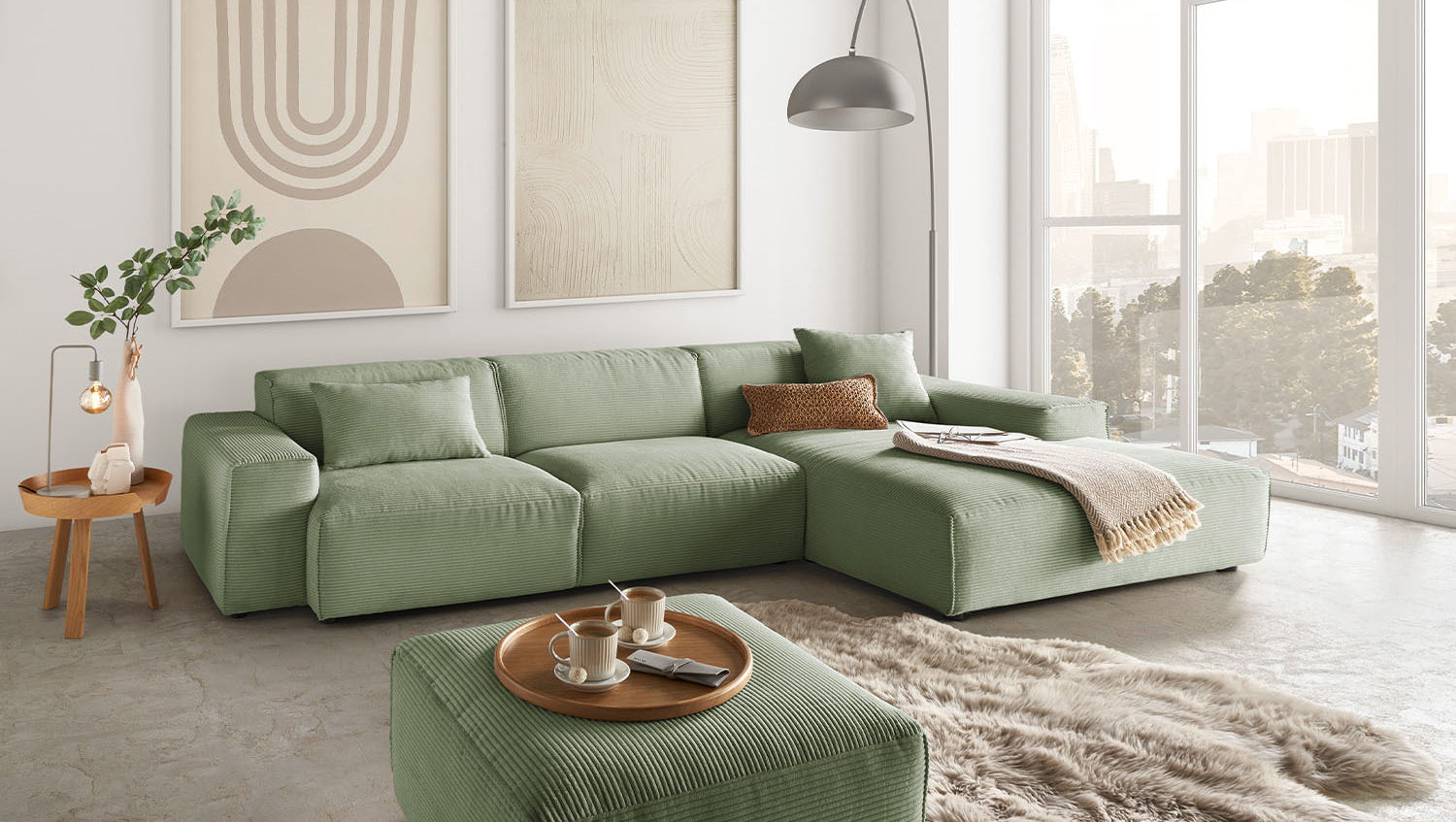 KAWOLA Sofa RANI Ecksofa Cord olivgrün, Rechts