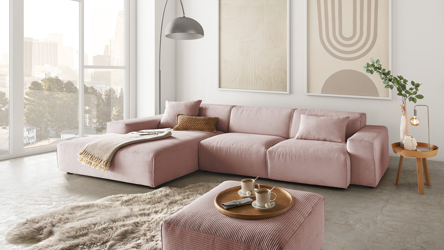 KAWOLA Sofa RANI Ecksofa Cord rosa, Links
