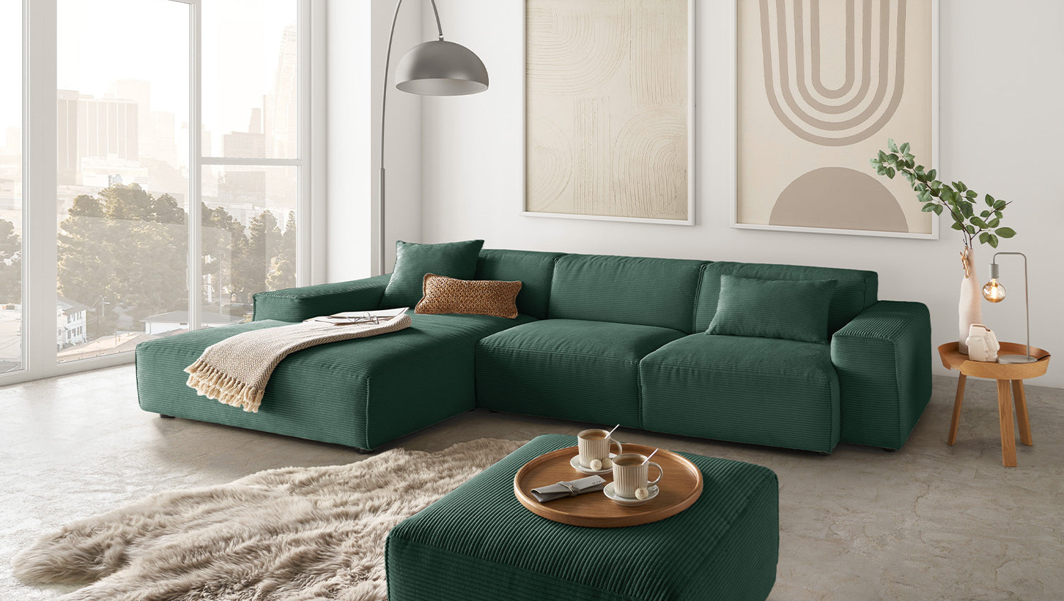 KAWOLA Sofa RANI Ecksofa Cord smaragd, Links