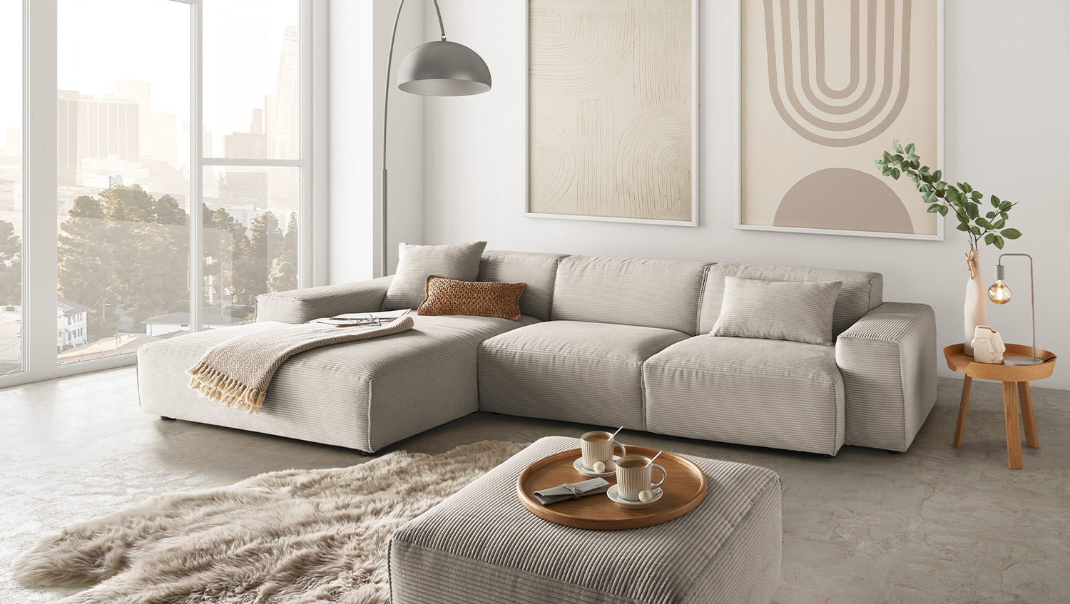 KAWOLA Sofa RANI Ecksofa Cord steingrau, Links