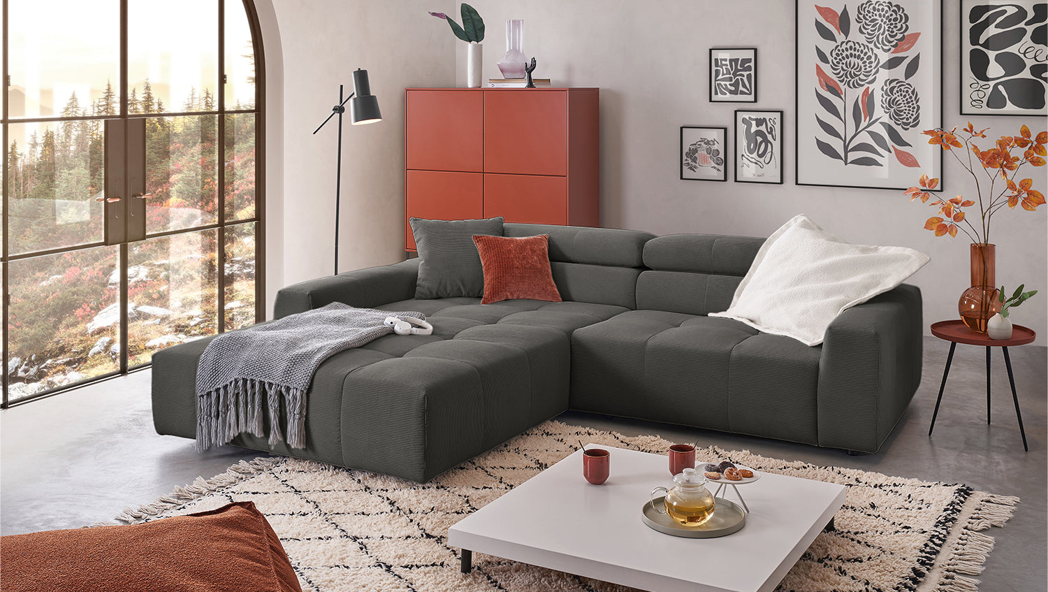 KAWOLA Sofa RENO Ecksofa Feincord anthrazit, Links, Ohne Komfortfunktion