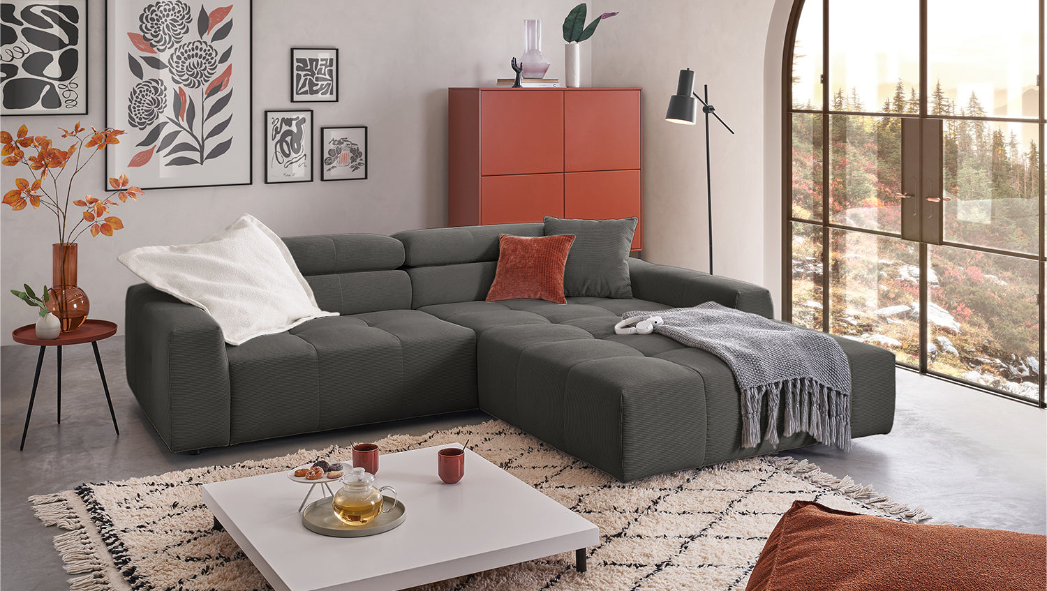 KAWOLA Sofa RENO Ecksofa Feincord anthrazit, Rechts, Ohne Komfortfunktion