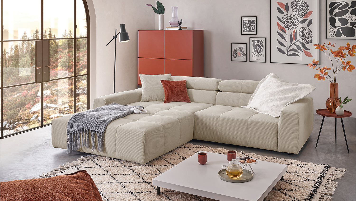 KAWOLA Sofa RENO Ecksofa Feincord beige, Links, Relaxfunktion
