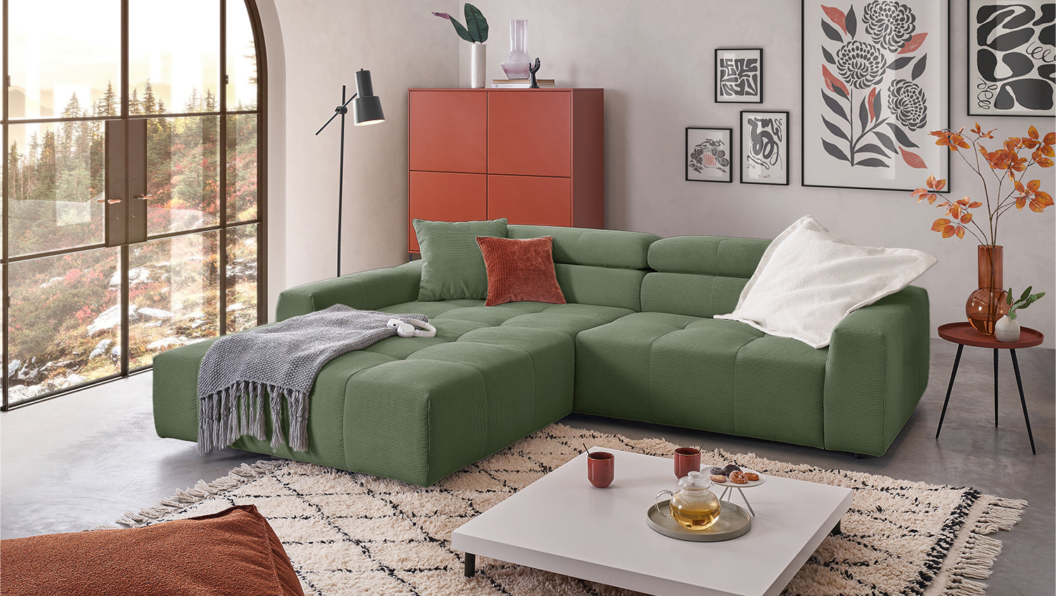 KAWOLA Sofa RENO Ecksofa Feincord olivgrün, Links, Ohne Komfortfunktion