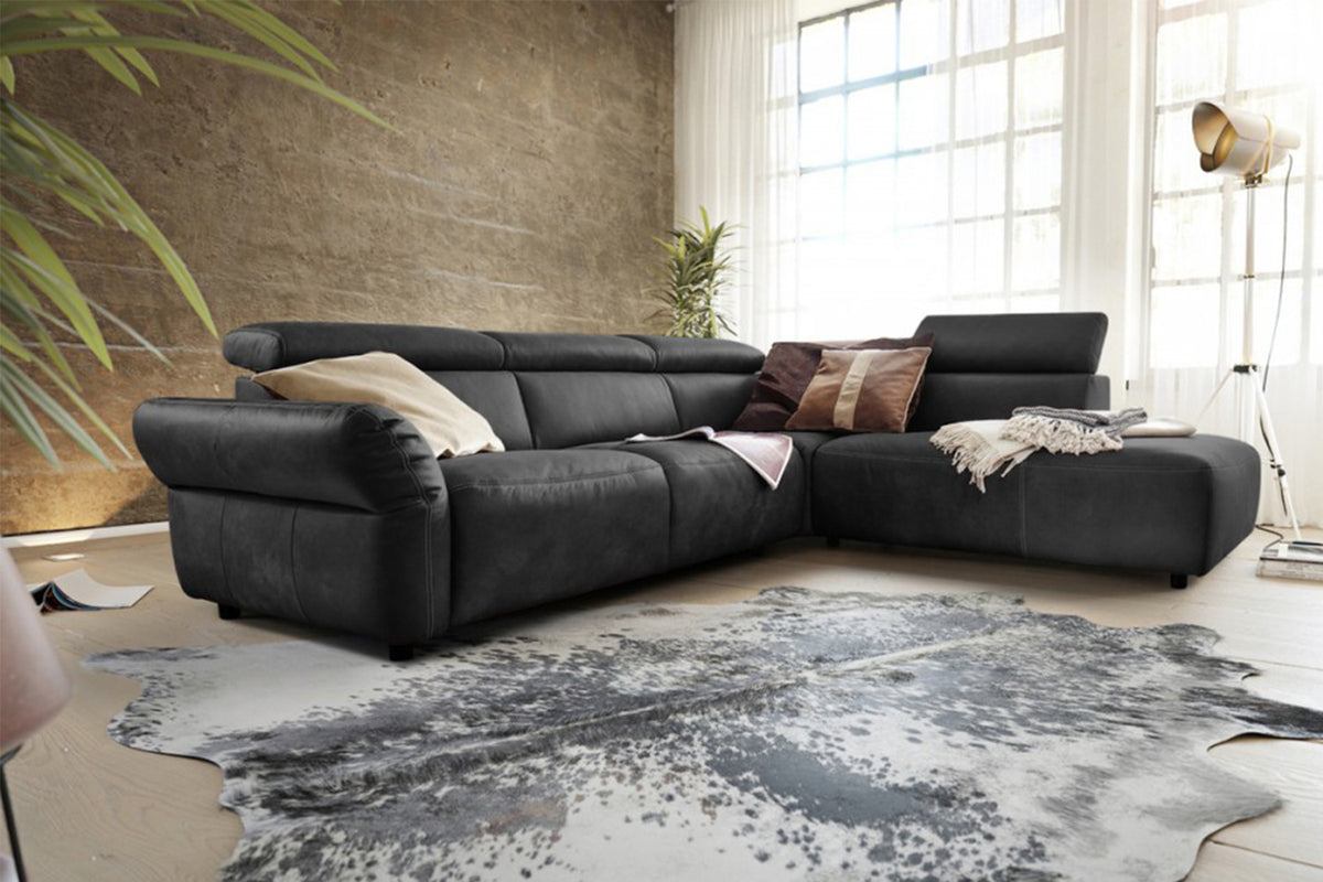 KAWOLA Sofa RISO Ecksofa mit motorischer Sitztiefenverstellung Leder schwarz, Rechts
