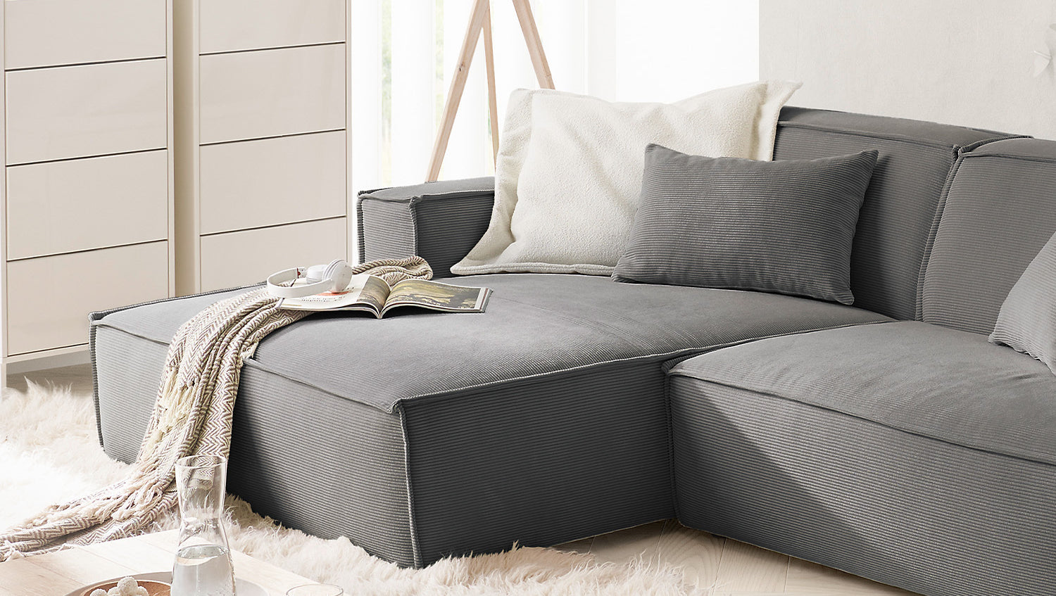 KAWOLA Sofa SAMU Ecksofa Feincord anthrazit