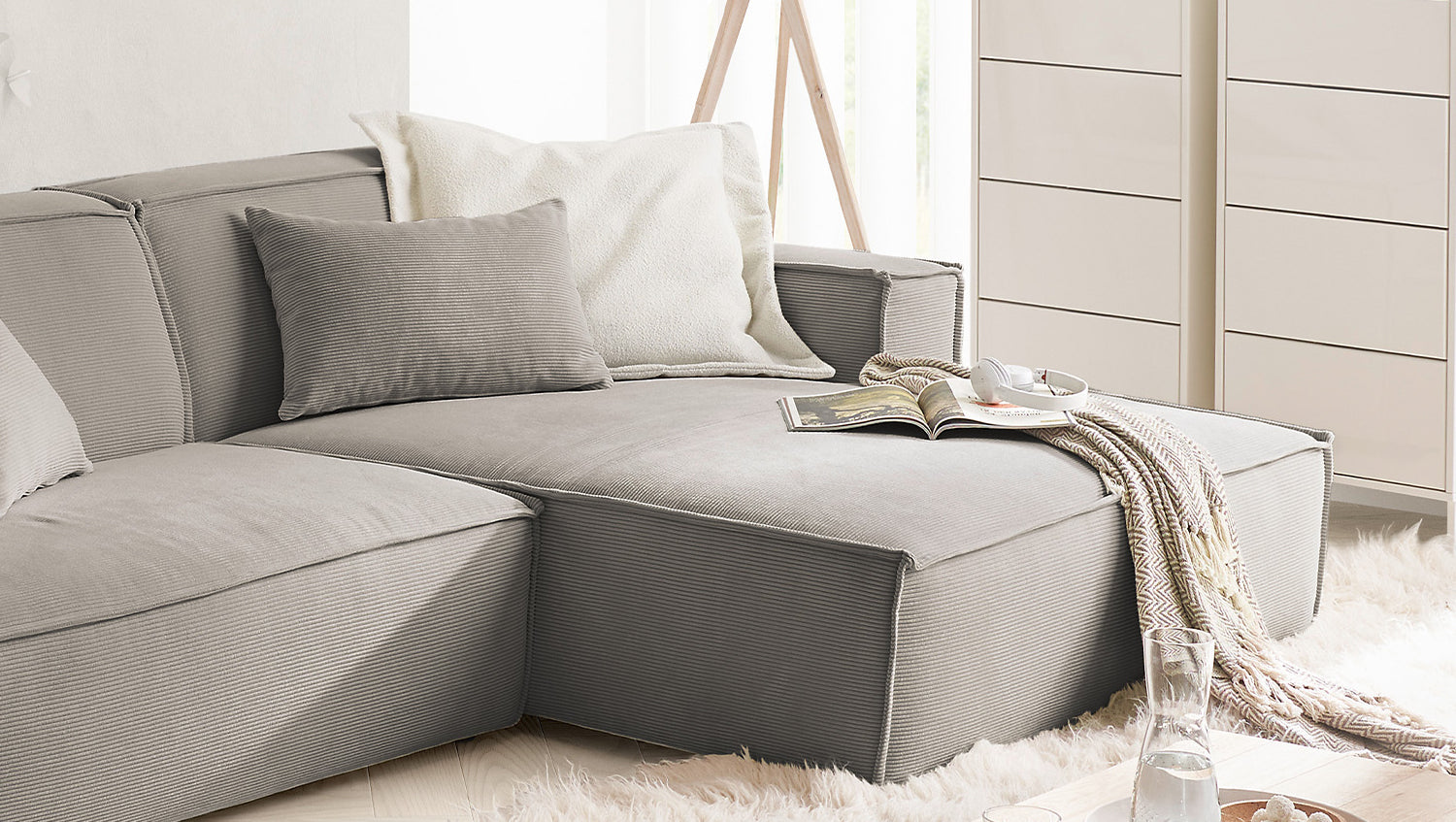 KAWOLA Sofa SAMU Ecksofa Feincord grau