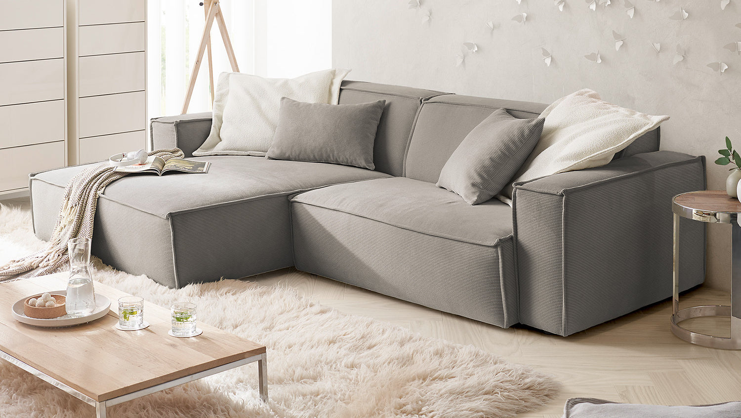 KAWOLA Sofa SAMU Ecksofa Feincord grau