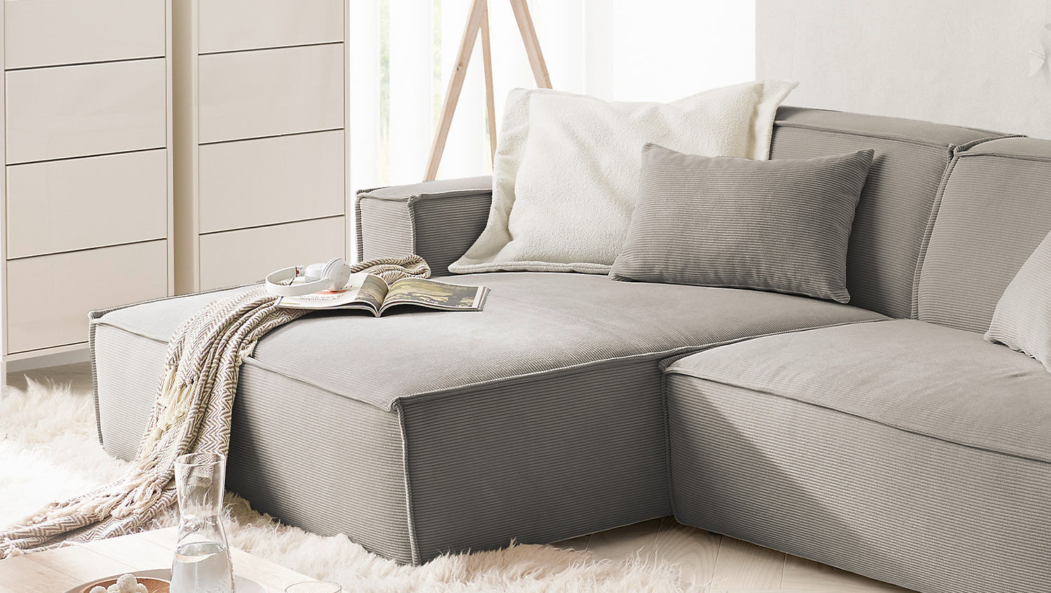 KAWOLA Sofa SAMU Ecksofa Feincord grau