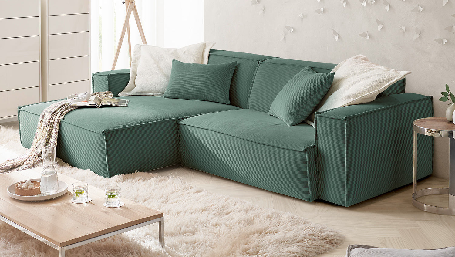 KAWOLA Sofa SAMU Ecksofa Feincord grün