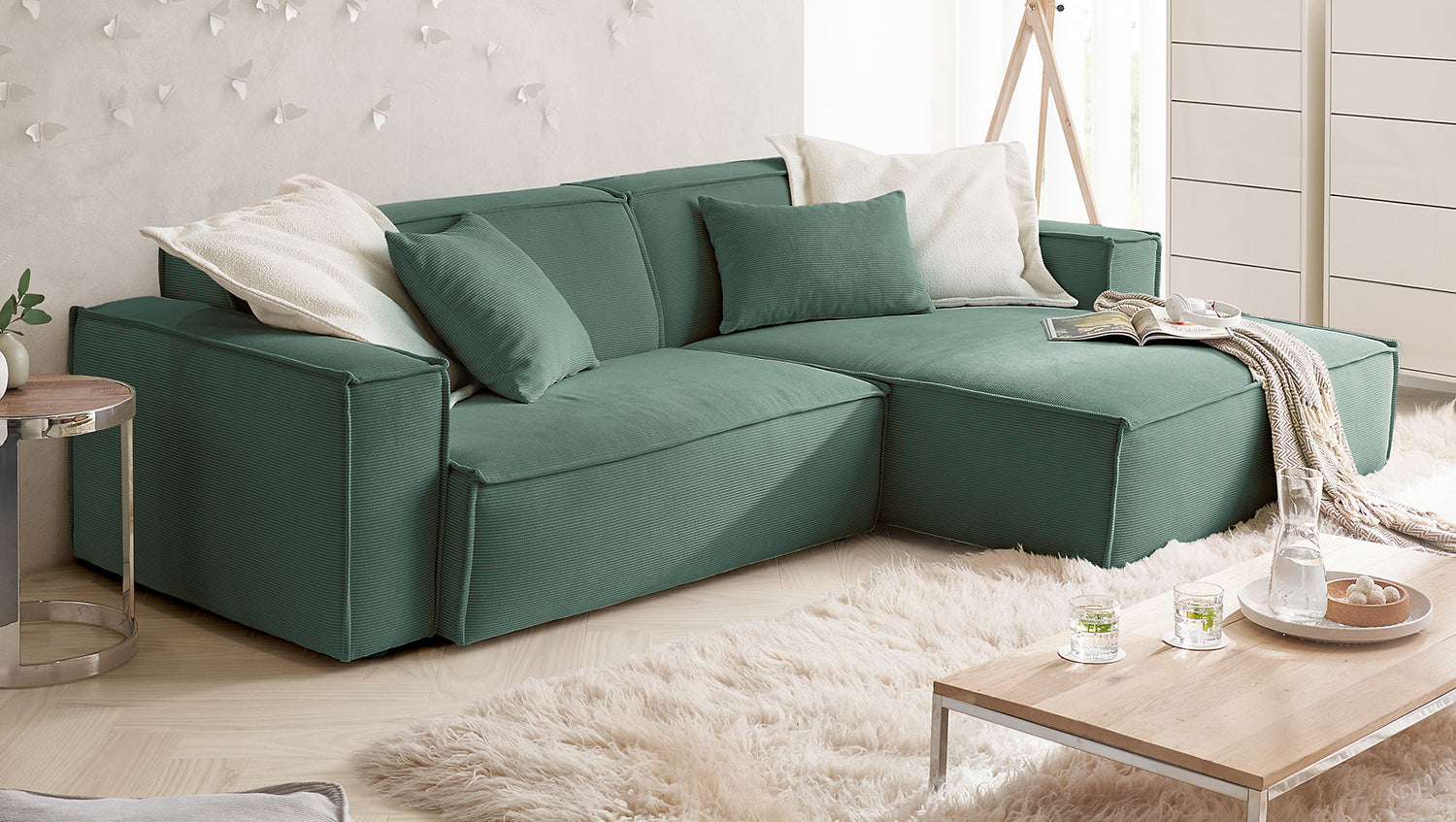 KAWOLA Sofa SAMU Ecksofa Feincord grün