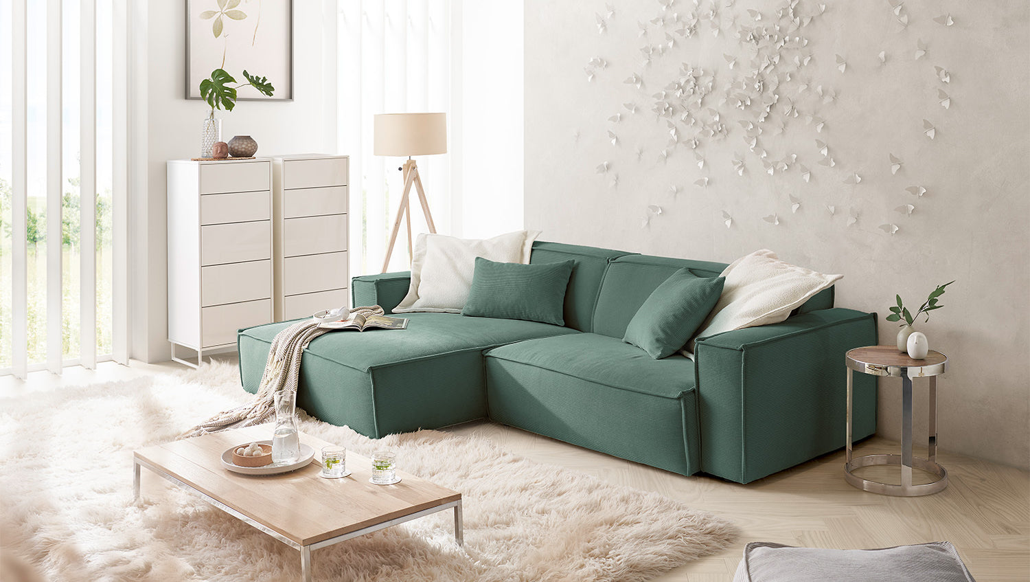KAWOLA Sofa SAMU Ecksofa Feincord grün, Links