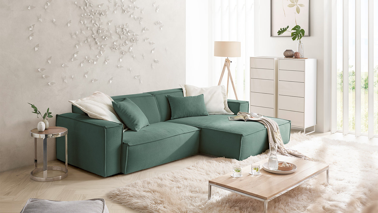 KAWOLA Sofa SAMU Ecksofa Feincord grün, Rechts