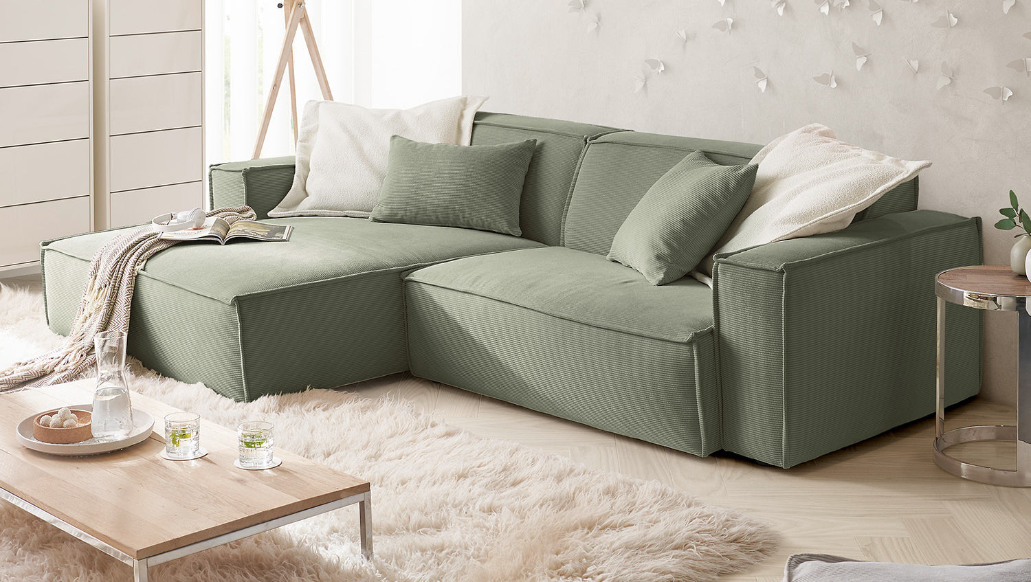 KAWOLA Sofa SAMU Ecksofa Feincord olivgrün