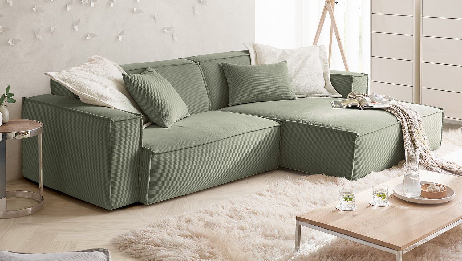 KAWOLA Sofa SAMU Ecksofa Feincord olivgrün