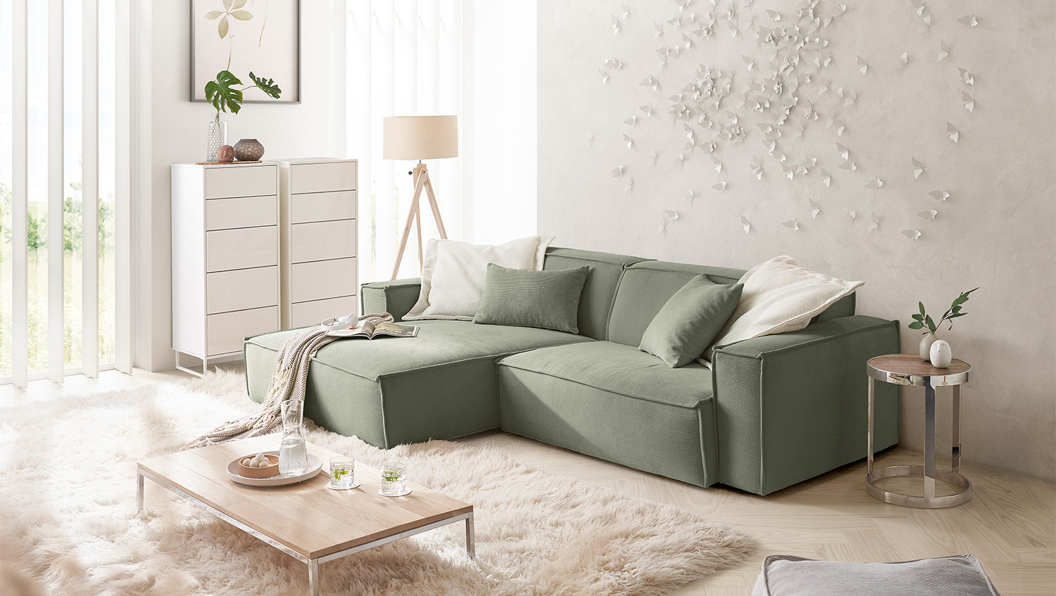KAWOLA Sofa SAMU Ecksofa Feincord olivgrün, Links