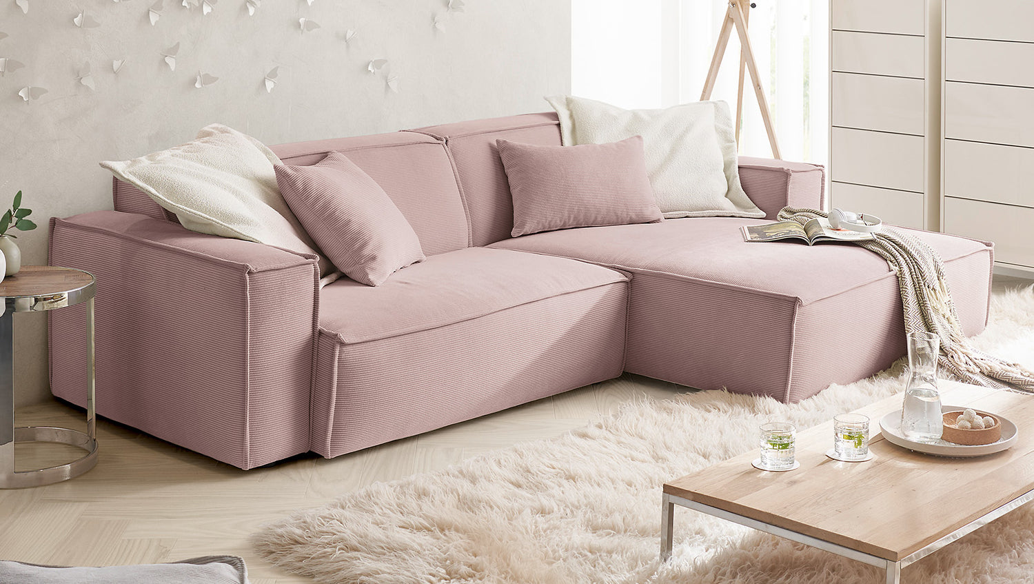 KAWOLA Sofa SAMU Ecksofa Feincord rosa