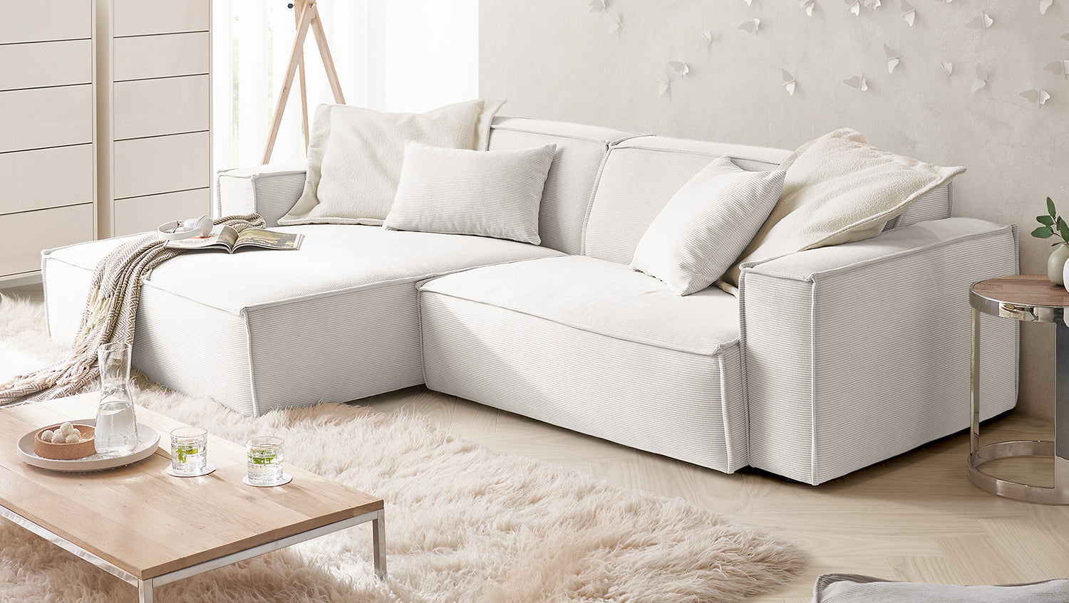 KAWOLA Sofa SAMU Ecksofa Feincord weiß