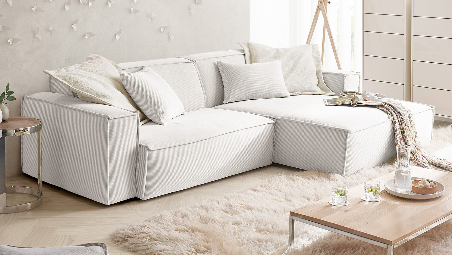 KAWOLA Sofa SAMU Ecksofa Feincord weiß