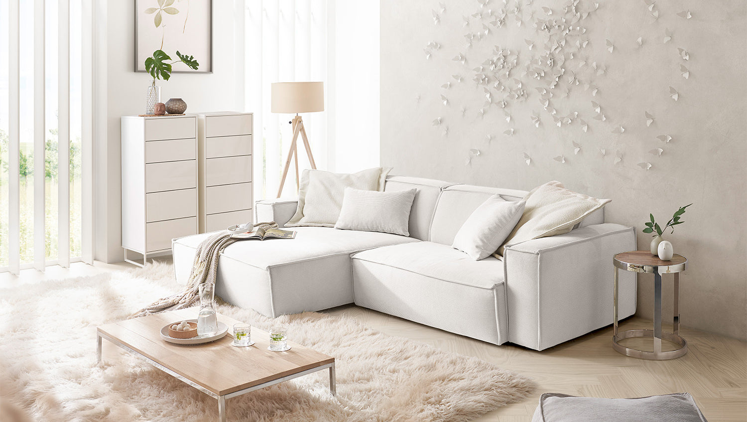 KAWOLA Sofa SAMU Ecksofa Feincord weiß, Links