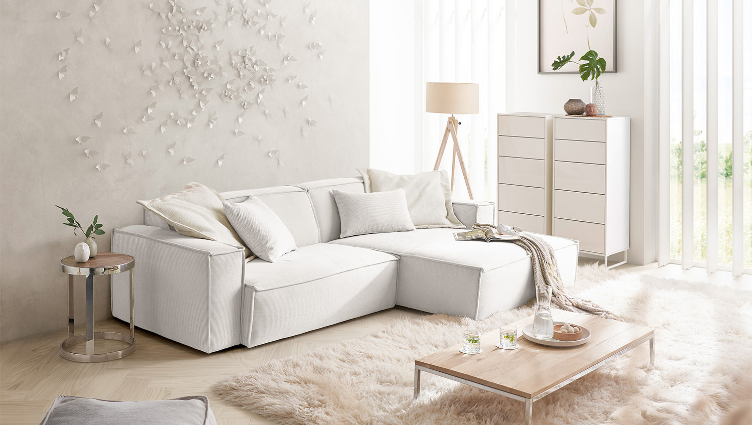 KAWOLA Sofa SAMU Ecksofa Feincord weiß, Rechts