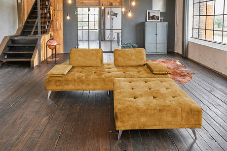 KAWOLA Sofa WIOLO Schlafsofa Daybed mit Hocker velvet cognac