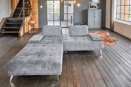 KAWOLA Sofa WIOLO Schlafsofa Daybed mit Hocker velvet grau