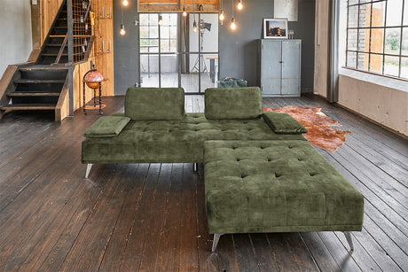 KAWOLA Sofa WIOLO Schlafsofa Daybed mit Hocker velvet moosgrün