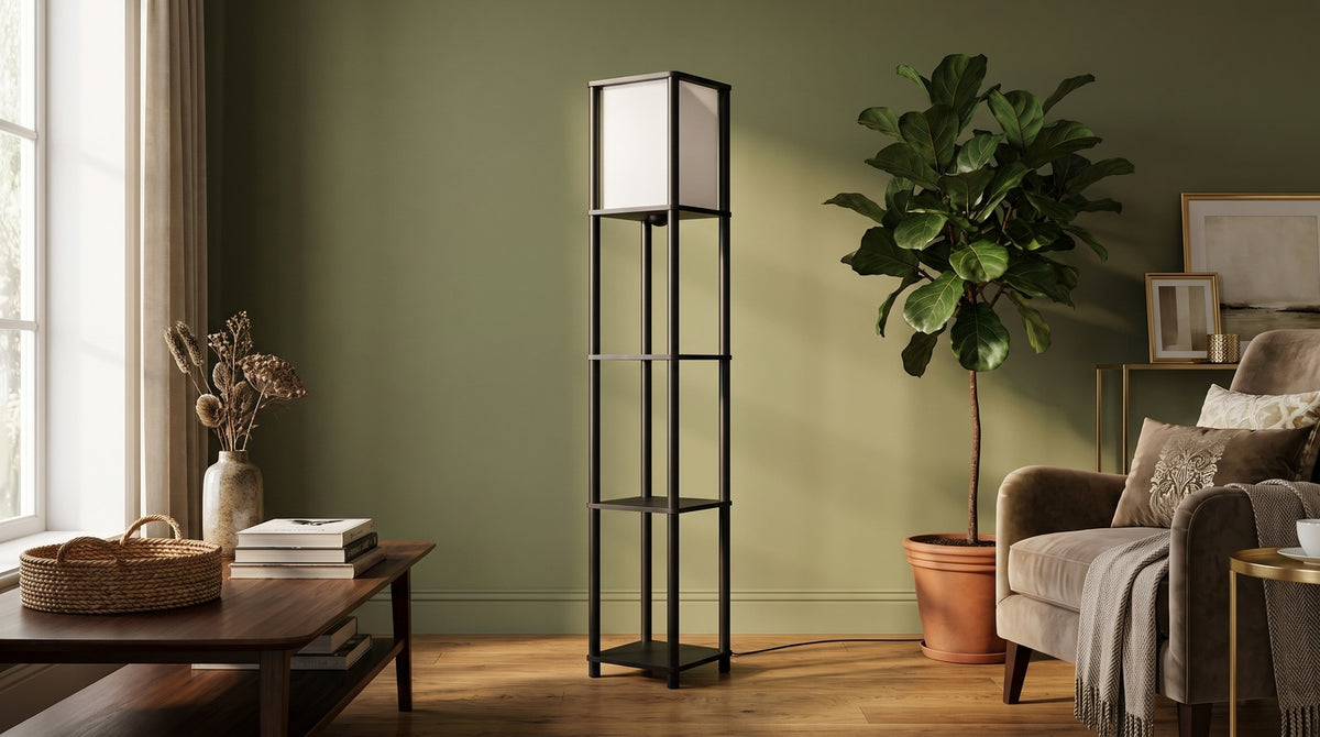 KAWOLA Stehlampe ELVARA Holz schwarz