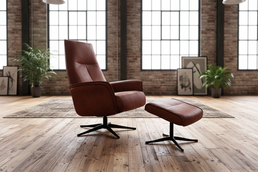 KAWOLA Relaxsessel JOSIANE Drehsessel Lederfaserstoff cognac mit Hocker