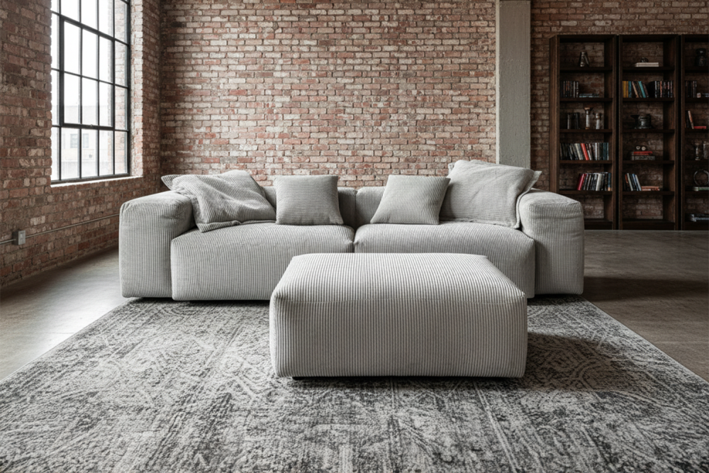 KAWOLA Sofa CELESTE 4-Sitzer mit Hocker Cord hellgrau