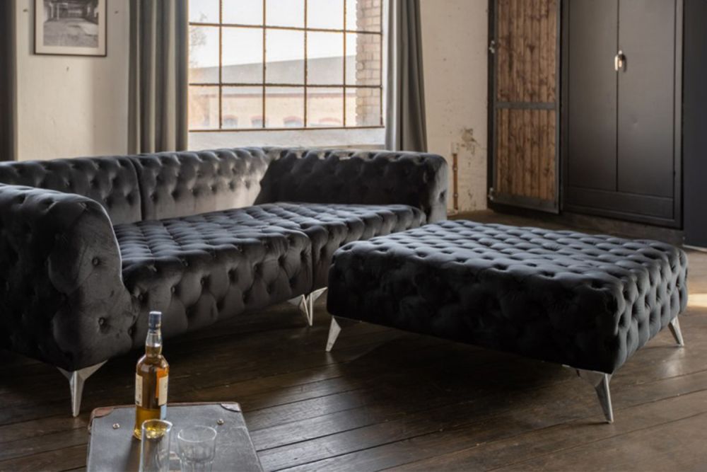 B-Ware KAWOLA Hocker NARLA Chesterfield Velvet schwarz