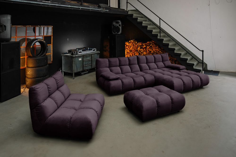 KAWOLA Sitzgruppe VIVIEN Ecksofa Drehsessel Hockerbank Velvet purple