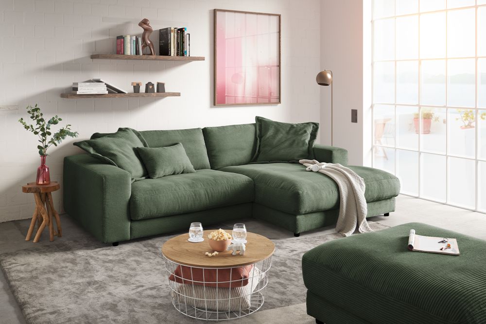 KAWOLA Sofa MADELINE Ecksofa mit Longchair Cord olivgrün
