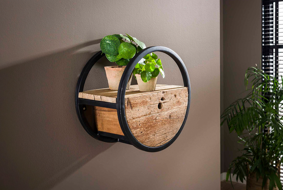 KAWOLA Wandregal RADEL Ø40 rund Hartholz natur mit Schublade