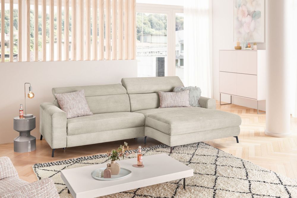 KAWOLA Sofa LAISKA Ecksofa Relaxfunktion teilmotorisch Cord cremeweiß
