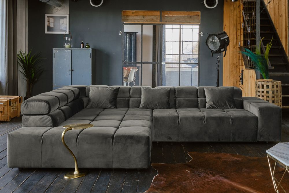 B-Ware KAWOLA Sofa NEVADA Ecksofa Velvet grau Recamiere links mit motorischem Sitzvorzug