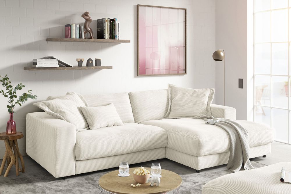 KAWOLA Sofa MADELINE Ecksofa mit Longchair Cord cremeweiß