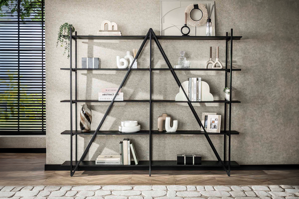 KAWOLA Wandregal PEARA 220 cm MDF-Holz schwarz 5 Stufig