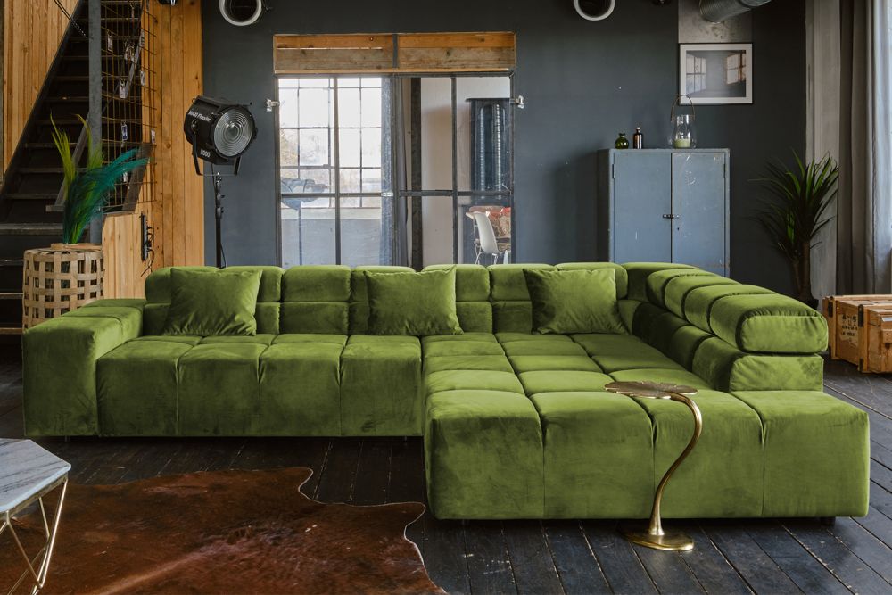 B-Ware KAWOLA Sofa NEVADA Ecksofa Velvet grün Recamiere rechts