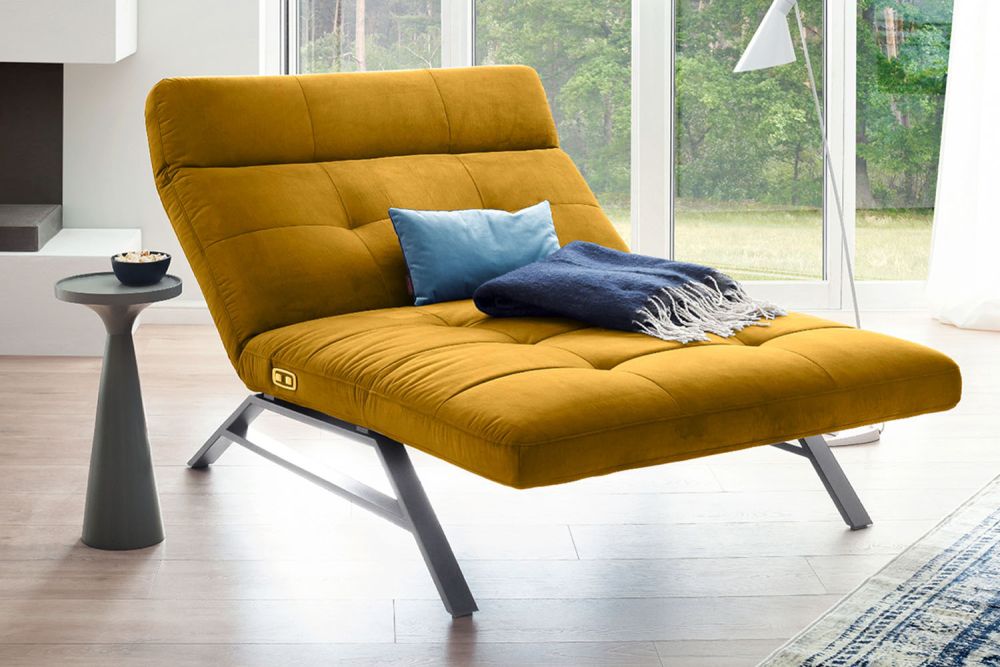B-Ware KAWOLA Liege AMERIVA Sessel Relaxliege Maxi Velvet curry Fuß chrome